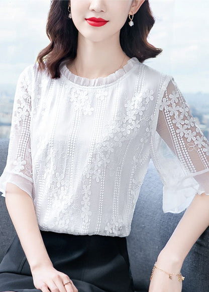 White Ruffled Embroideried Patchwork Chiffon Blouse Tops Summer