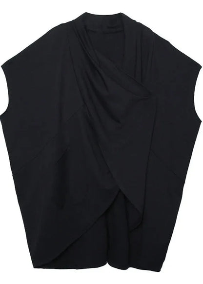 Loose Black Bat Wing Sleeve Pockets Asymmetrical Design Fall Tops