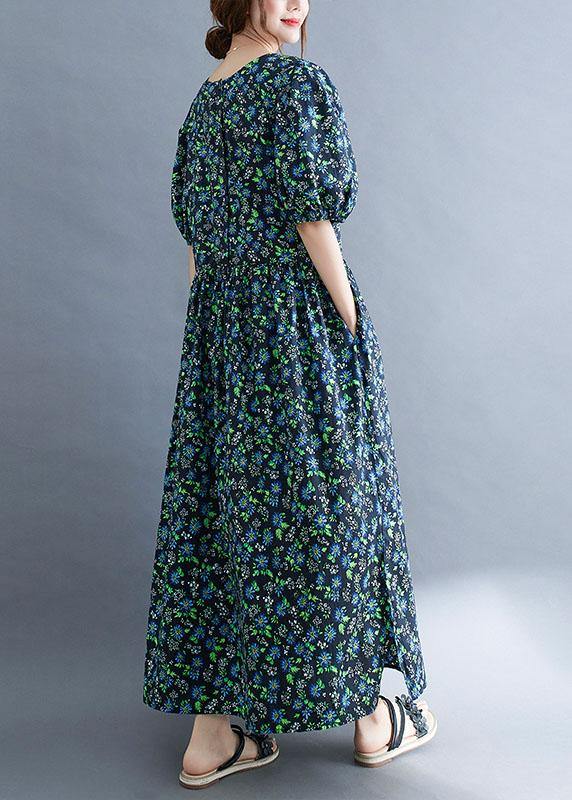 Black Loose Square Collar Print Pockets Summer Robe Dresses Puff Sleeve