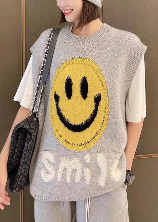 Orange O-neck Smile Jacquard Patchwork Knit Vest Sleeveless