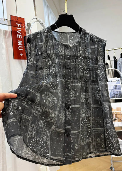 Black O Neck Print Button Cotton Tops Sleeveless