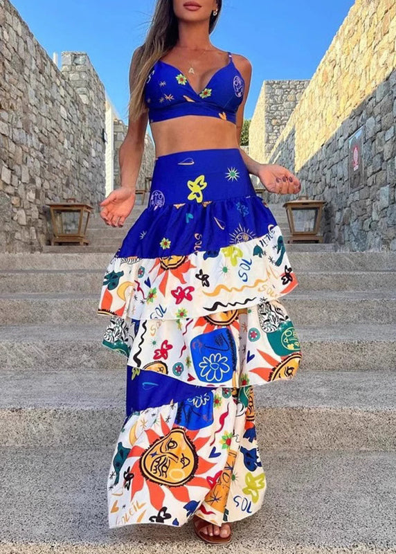 Blue Lingerie and Maxi Cake Skirts Two Pieces Set Summer