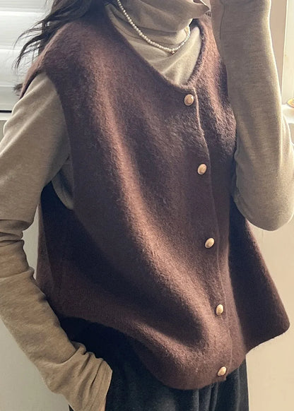 Khaki O Neck Button Knit Vest Tops Sleeveless