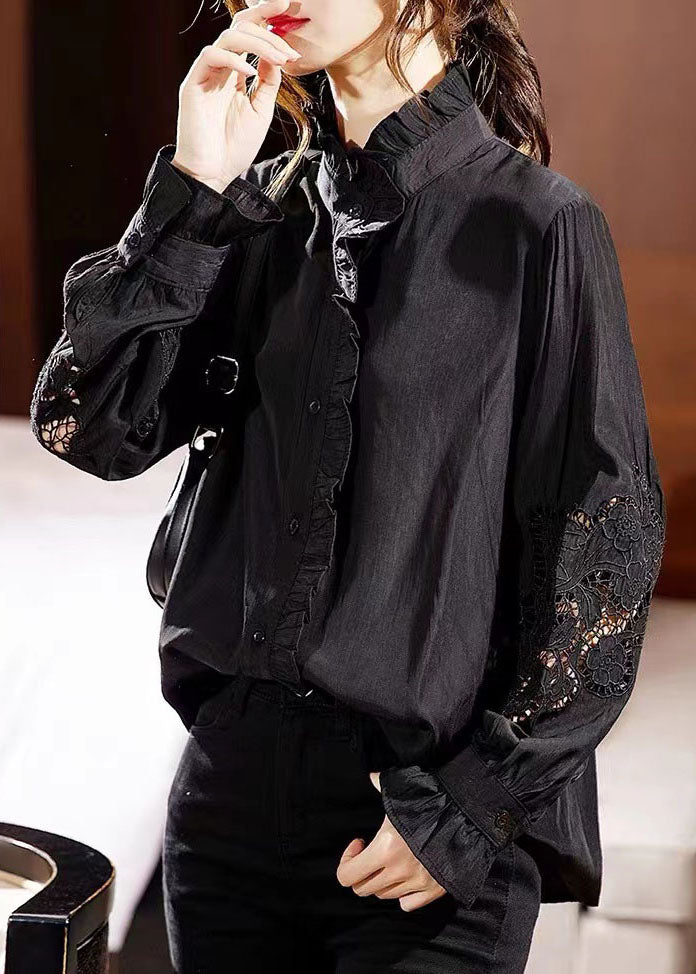Chocolate Ruffled Hollow Out Chiffon Shirt Long Sleeve