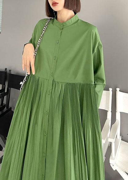 Green Wrinkled Pockets Button Fall Long Sleeve Dress