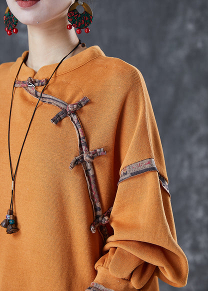 Orange Chinese Button Patchwork Cotton Shirt Tops Spring