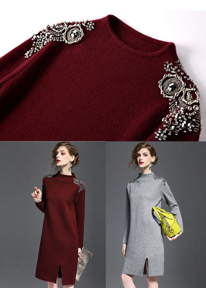 Mulberry Turtle Neck Side Open Knit Sweater Dress Long Sleeve