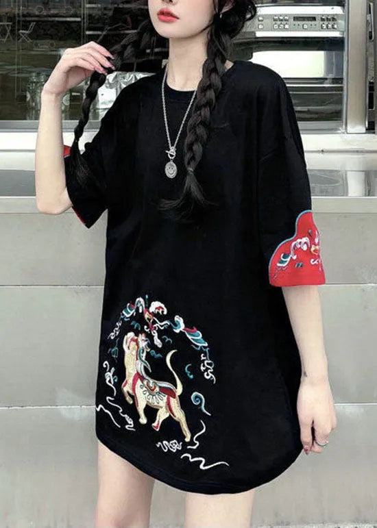 Black Patchwork Loose Tanks O-neck Short Sleeve
