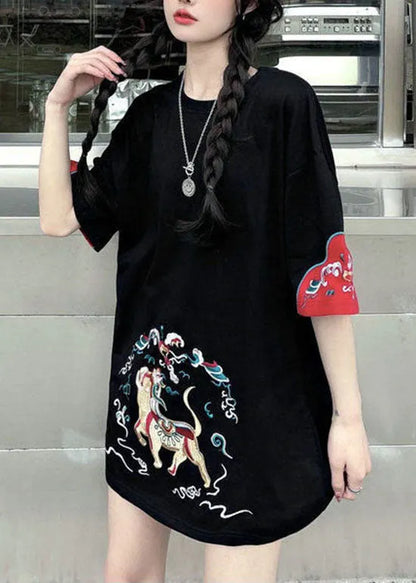 Black Patchwork Loose Tanks O-neck Short Sleeve