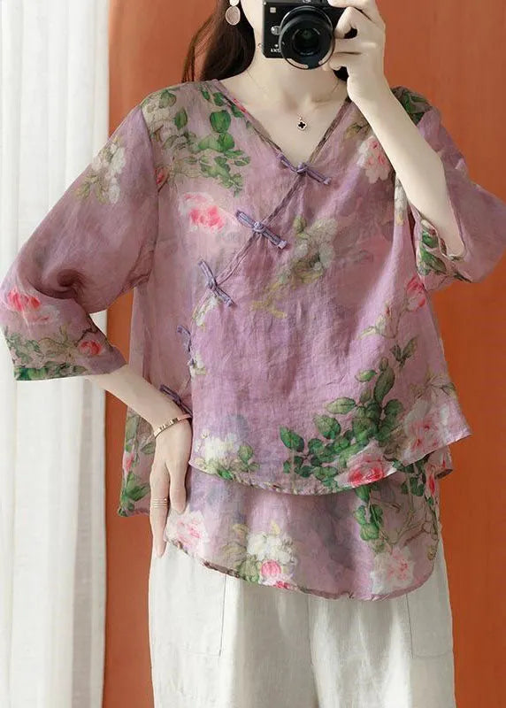 Brown Asymmetrical Print Linen Blouses Half Sleeve