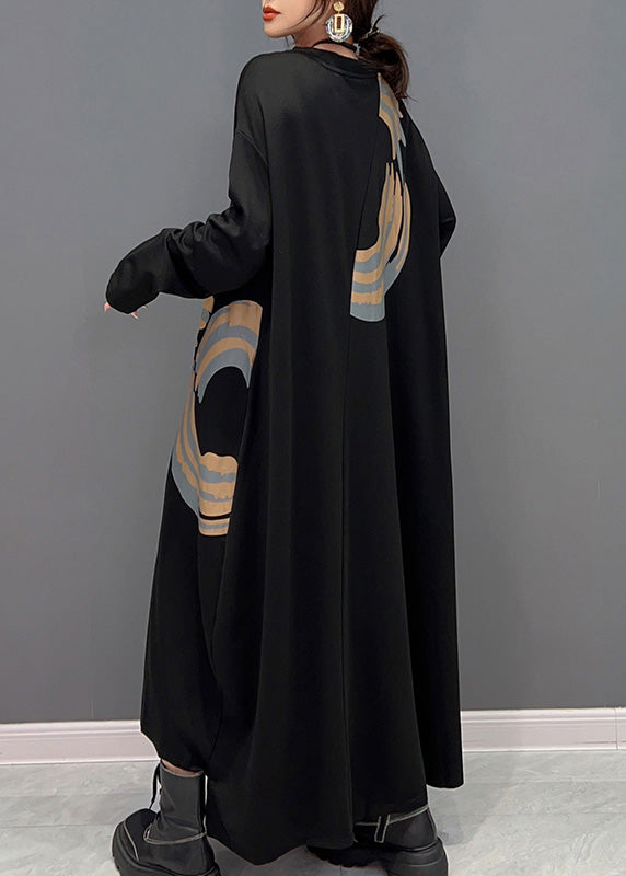 Black O-neck Print Maxi Dresses Spring