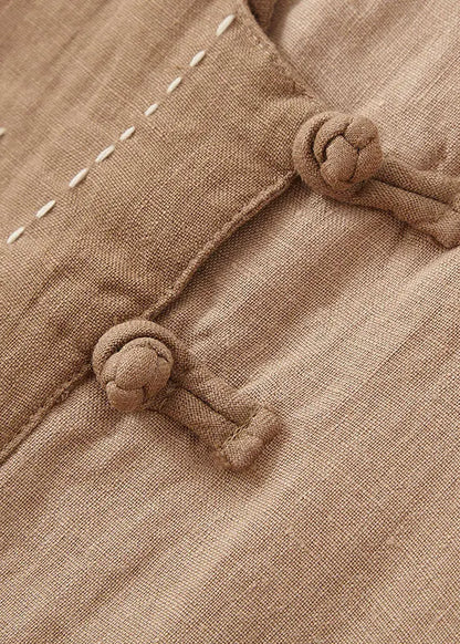 Yellow Stand Collar Patchwork Button Linen Top Bracelet Sleeve