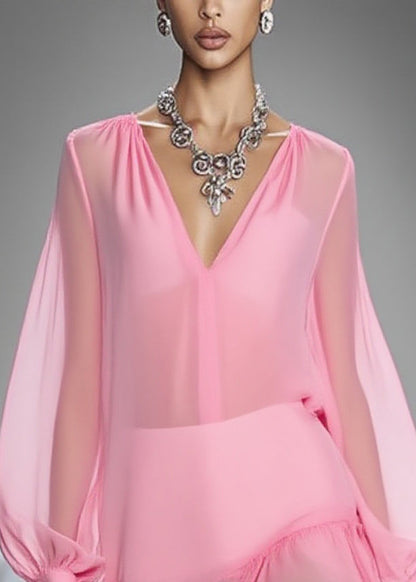 Pink V Neck Wrinkled Tulle Mid Dress Spring