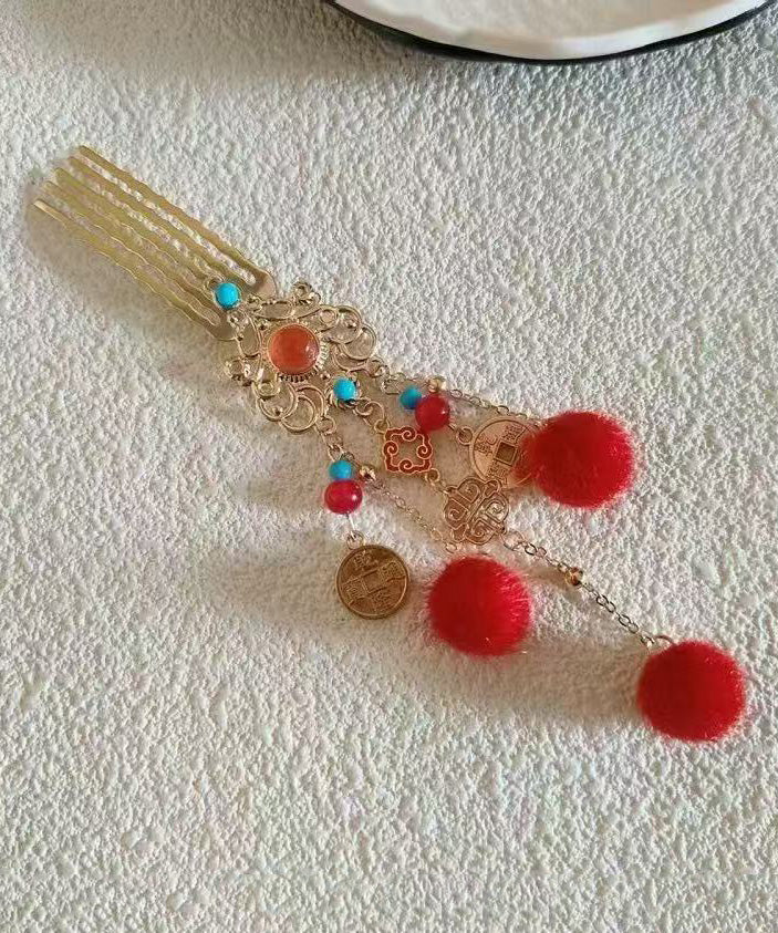 New Red Hairball Tassel Jade Metal Hairpin