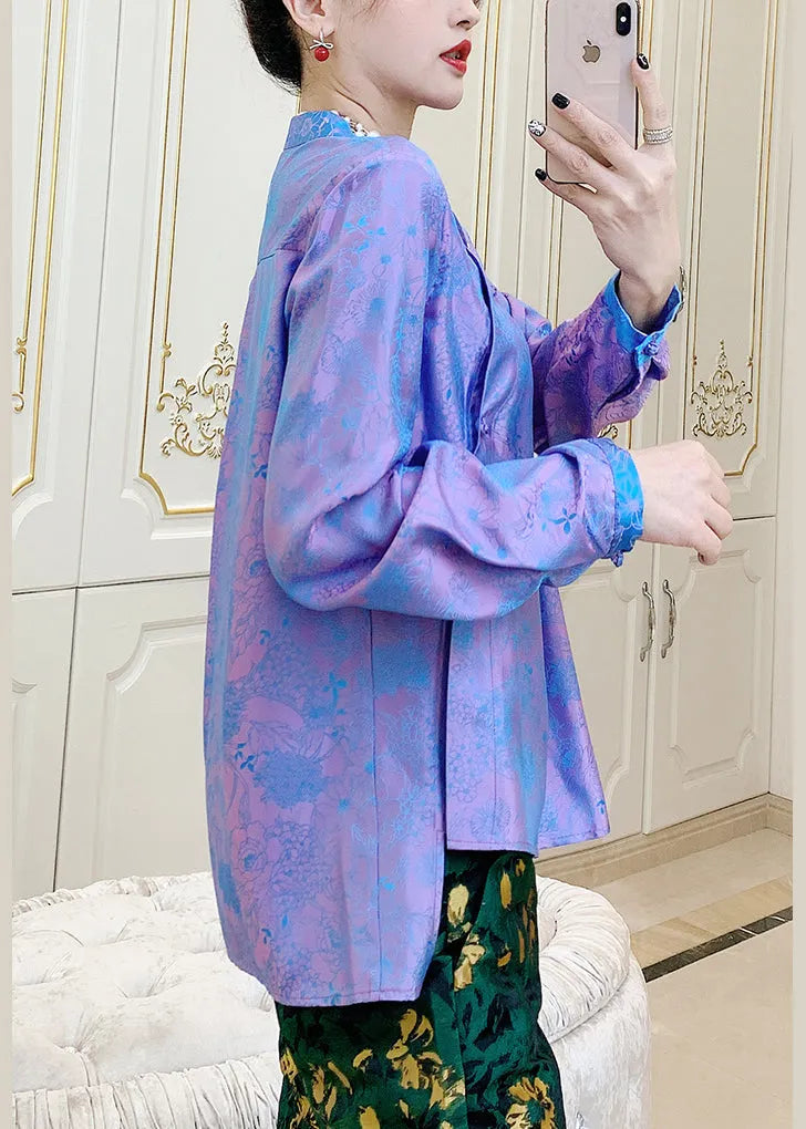 Purple Mandarin Collar Print Button Silk Shirt Top Spring