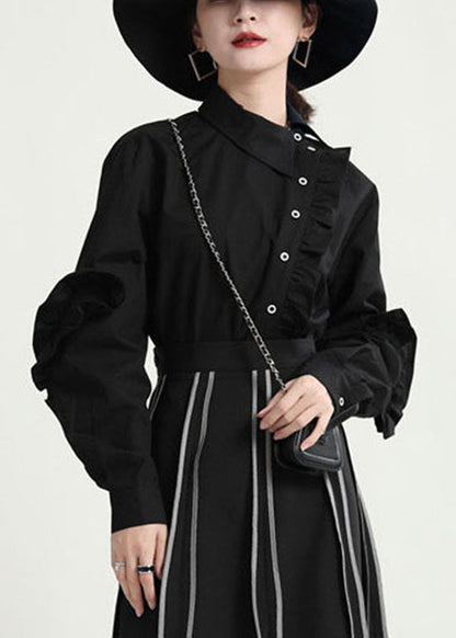 Fitted Black Button Ruffled Asymmetrical Shirt Tops Spring