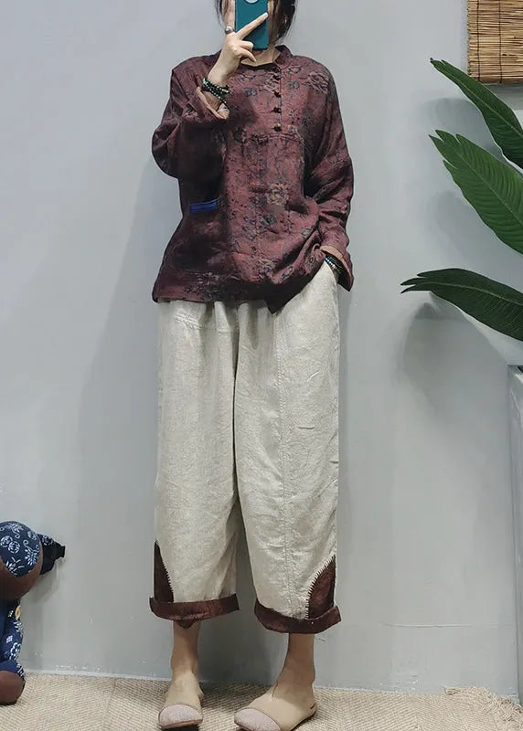 Oriental Red Stand Collar Asymmetrical Patchwork Linen Blouses Long Sleeve