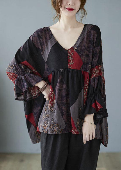 Diy Ruffles Flare Sleeve Print V Neck Tops