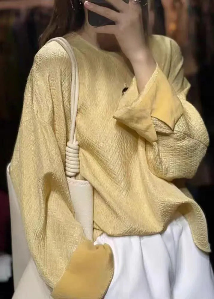 Yellow O-neck Cotton Tops Long Sleeve