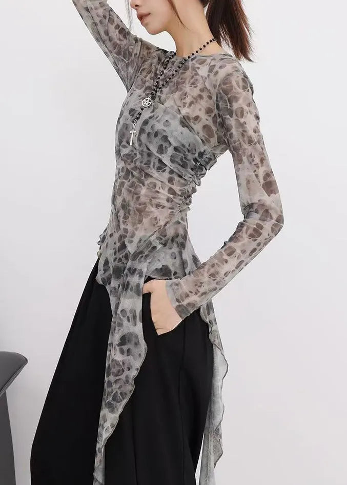 French Grey Leopard Asymmetrical Tie Dye Tulle T Shirts Fall