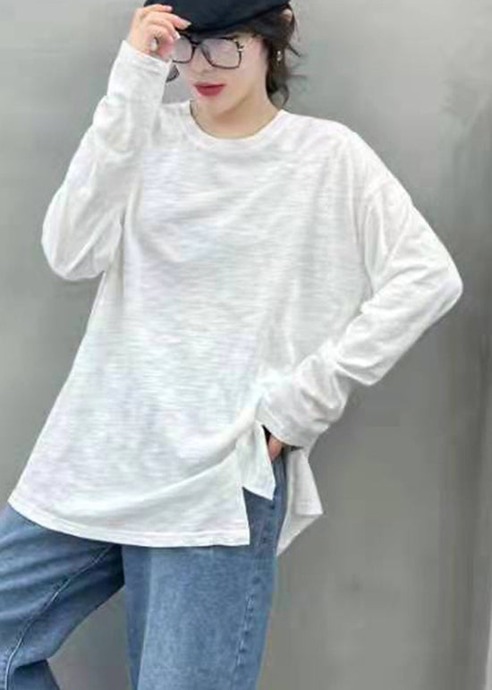 Style White O-neck Asymmetrical Design Cotton Top Long Sleeve