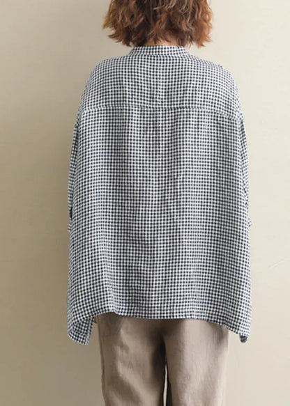 Stand Collar Buttton Low High Design Plaid Shirt Tops Half Sleeve