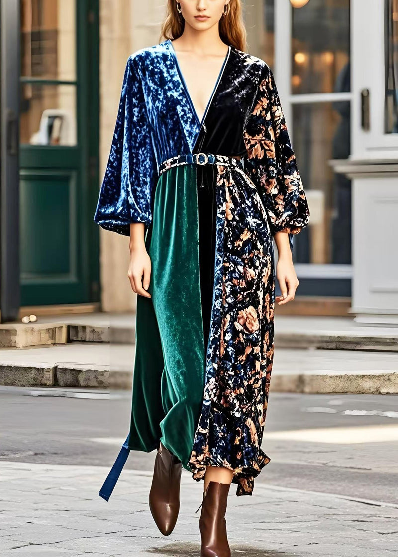 V Neck Patchwork Print Silk Velour Dress Spring
