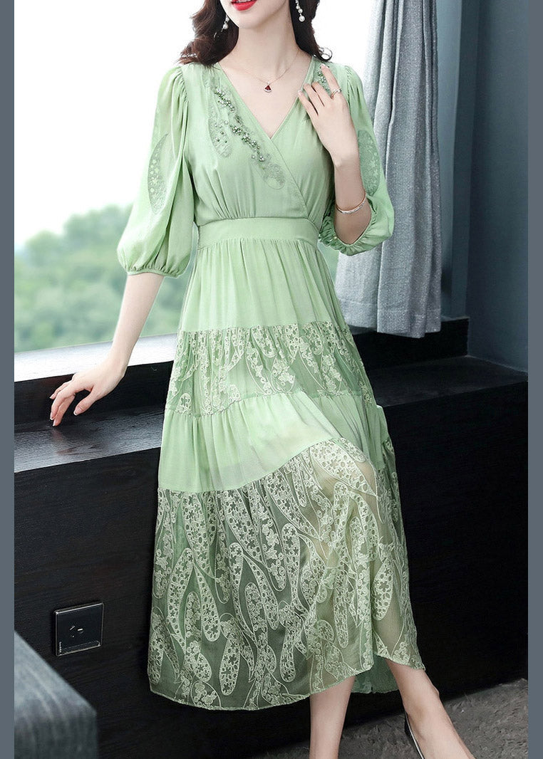 Simple Green V Neck Embroideried Elastic Waist Silk Long Dress Short Sleeve Summer