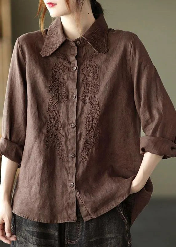 Organic White Loose Embroideried Fall Linen Long Sleeve Blouse Tops