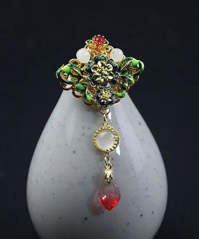 Green Alloy Cloisonne Gem Stone Brooches
