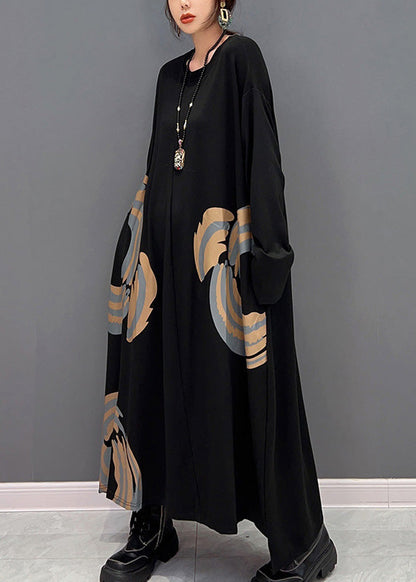 Black O-neck Print Maxi Dresses Spring