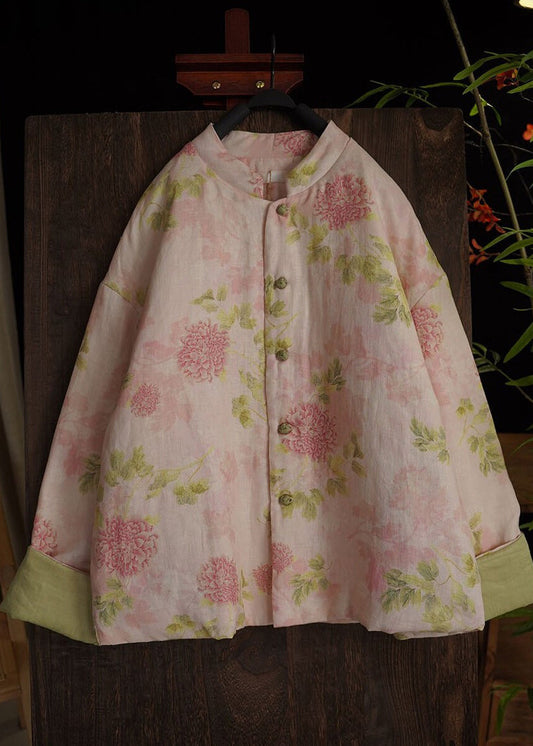 Pink O Neck Print Fine Cotton Filled Coats Long Sleeve