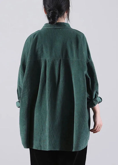 French Tea Green Peter Pan Collar Pockets Button Fall Top Long Sleeve