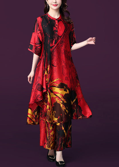 French Red Asymmetrical Design Print Silk Dress and Wide Leg Pants Two Pieces Set Summer