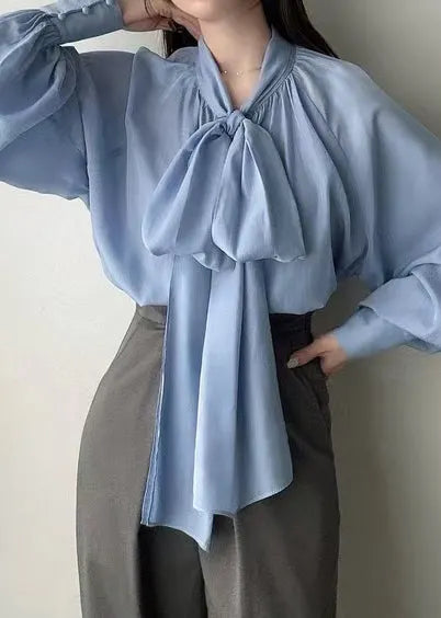 Blue Bow Oversized Silk Tops Lantern Sleeve Fall