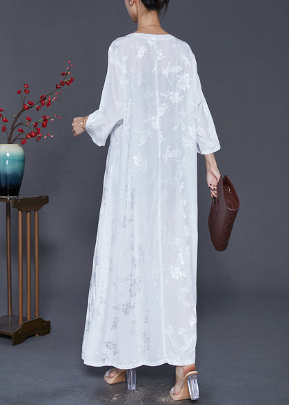 White Square Collar Embroideried Silk Ankle Dress Fall