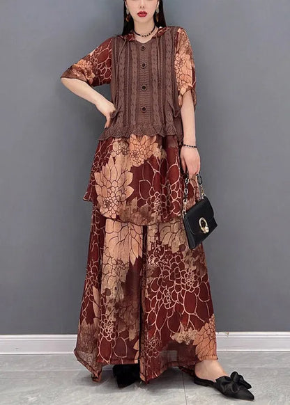 Brown Hooded Knit Patchwork Chiffon Tops and Wide Leg Pants Two Pieces Half Sleeve Spring