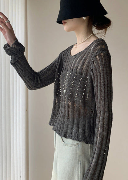 Italian Grey Hollow Out Nail Bead Knit Tops Fall