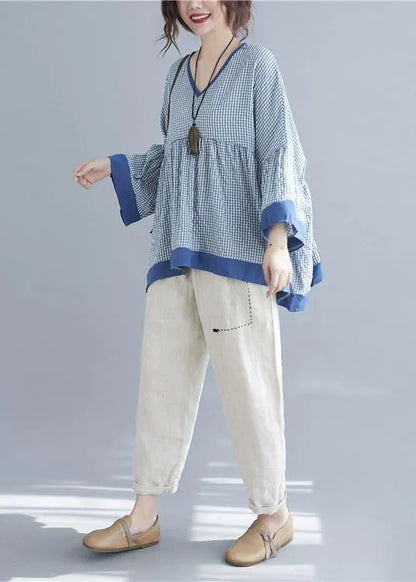 Fine Blue Plaid Patchwork Flare Sleeve Top Spring Summer