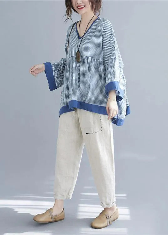 Fine Blue Plaid Patchwork Flare Sleeve Top Spring Summer