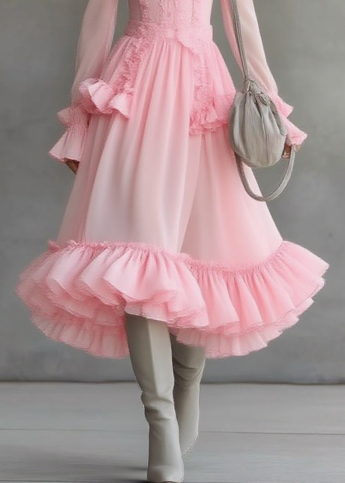 Pink Square Collar Ruffled Patchwork Tulle Maxi Dress Lantern Sleeve