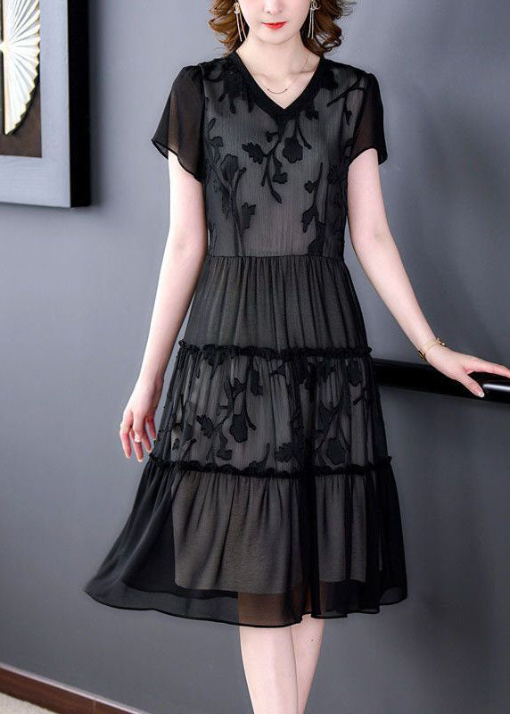 Black Embroideried Patchwork Ruffled Chiffon Maxi Dresses Summer