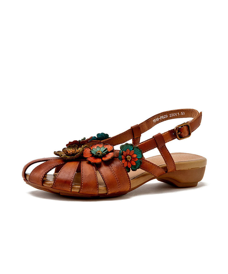 Brown Sandals Splicing Cowhide Leather Hollow Out Buckle Strap