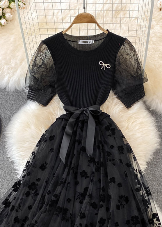 Apricot O-neck Embroideried Bow Tie Waist Knit Patchwork Tulle Maxi Dress Short Sleeve