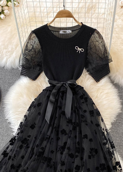Apricot O-neck Embroideried Bow Tie Waist Knit Patchwork Tulle Maxi Dress Short Sleeve