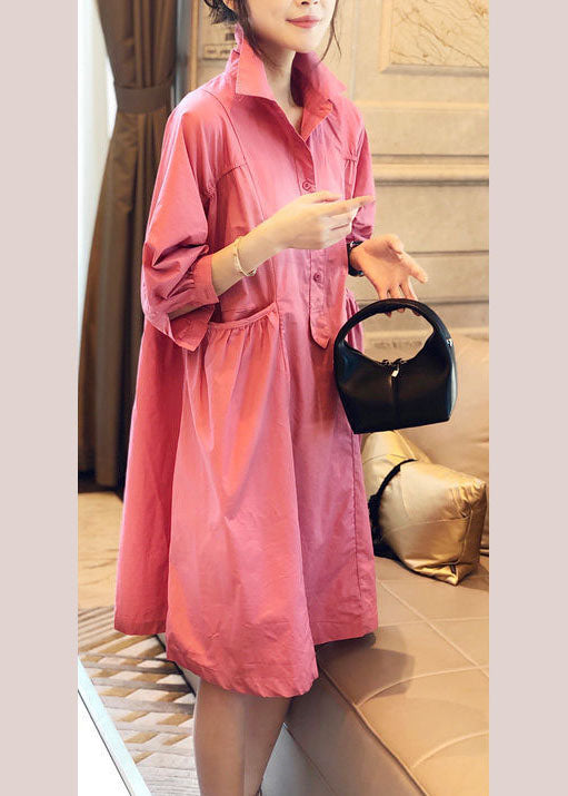 Pink Pockets Button Fall Half Sleeve Shirt Dress