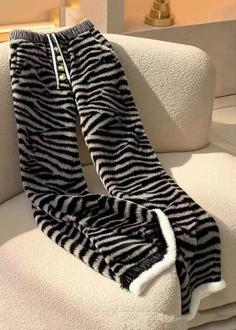 Zebra Pattern Lace Up Elastic Waist Fluffy Pants Spring