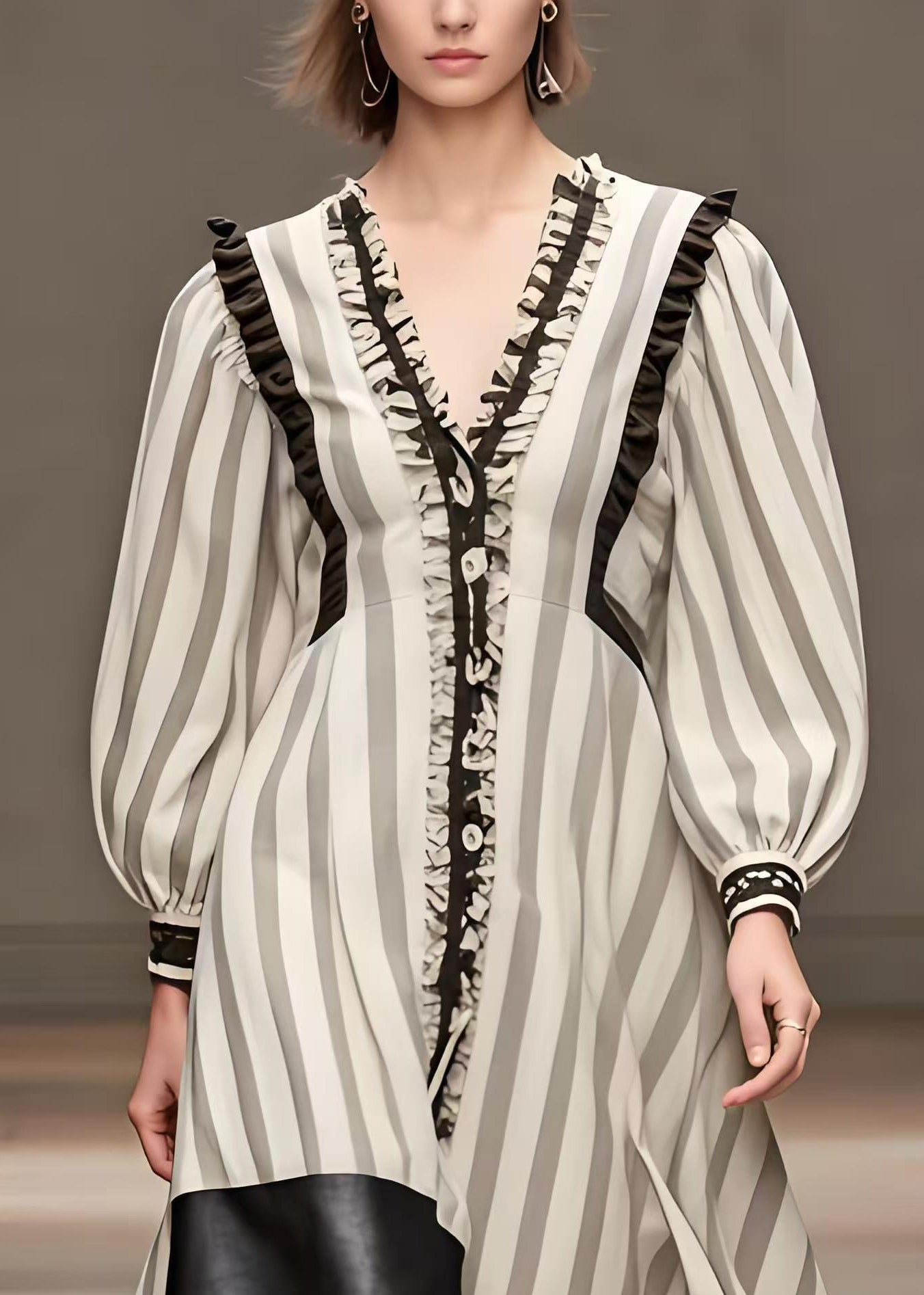 White Ruffled Patchwork Striped Cotton Dress Spring (ships in 15 Business Days)