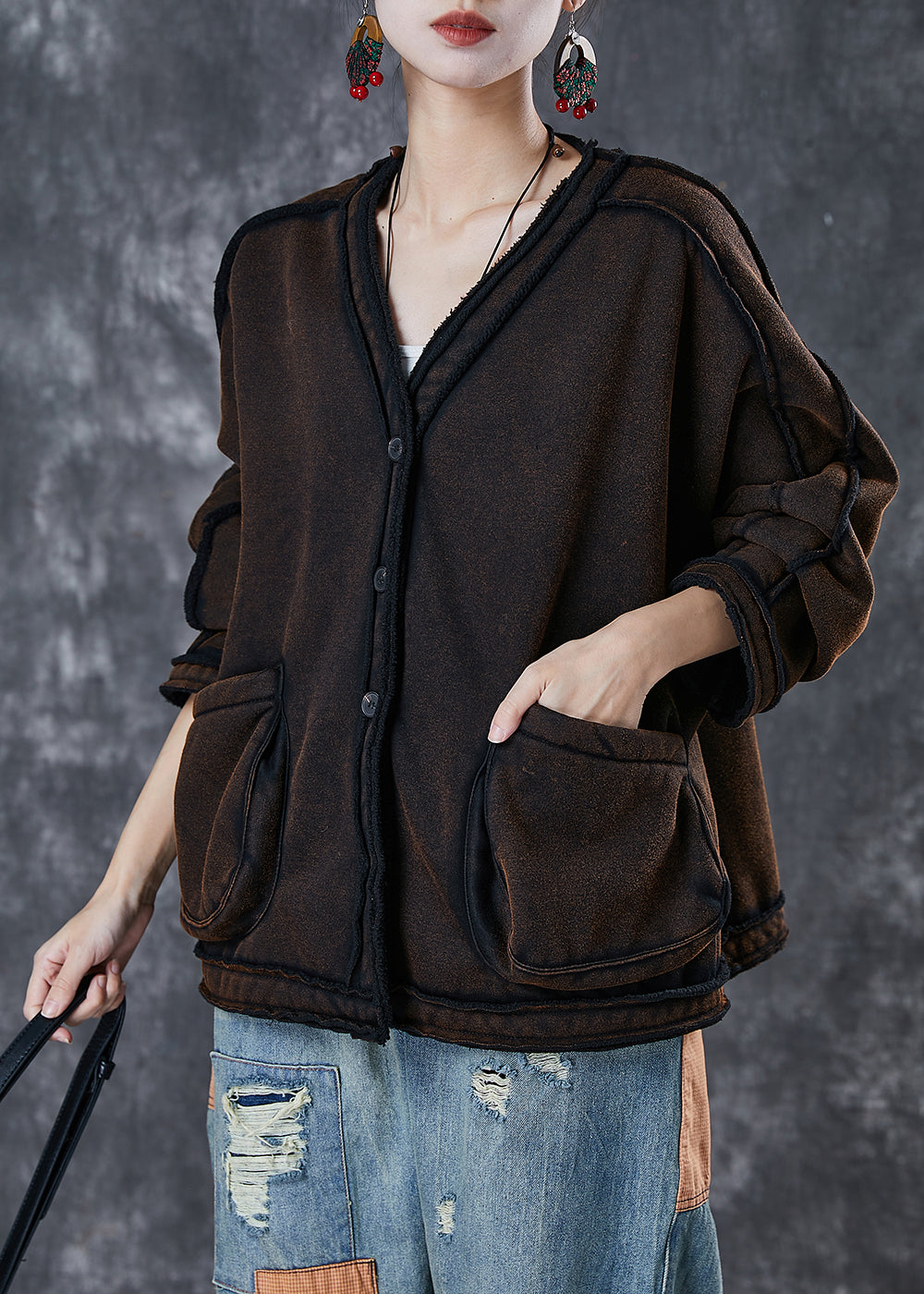 Classy Chocolate Oversized Pockets Warm Fleece Coats Winter