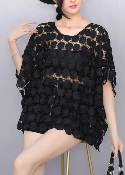 Black Hollow Out Lace Tanks Batwing Sleeve